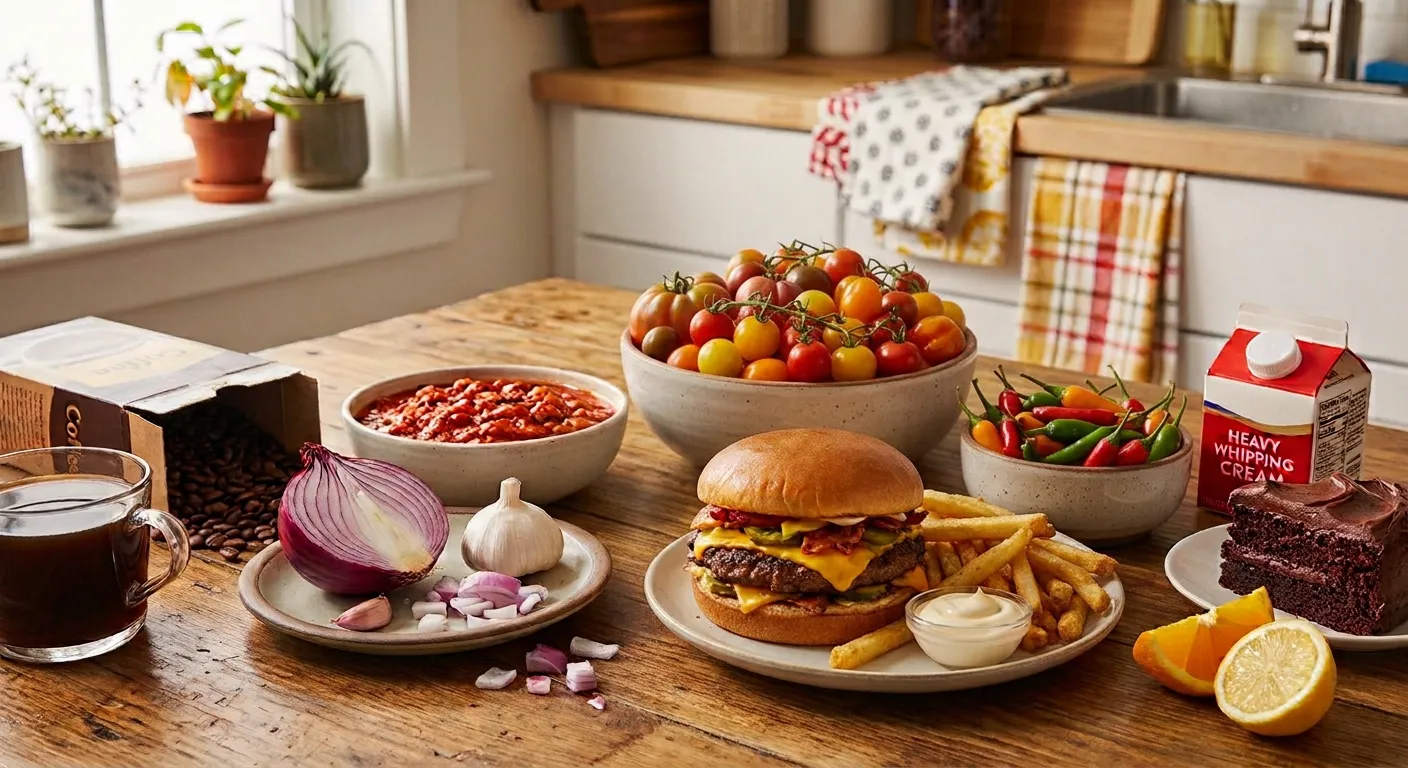 A kitchen table laid with the foods conventionally listed as reflux triggers: black coffee and coffee beans, a halved red onion and garlic, a bowl of tomato sauce, a bowl of fresh tomatoes, small hot chilli peppers, a cheeseburger with fries and mayonnaise, a carton of heavy whipping cream, a slice of chocolate cake, and cut orange and lemon.